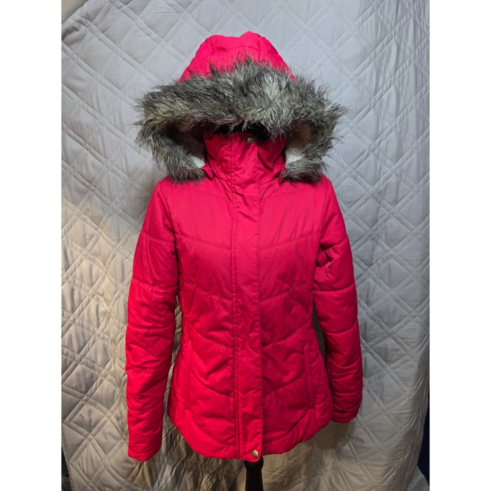 Columbia Womens Pink Quilted Puffer Jacket Faux Fur Hood Size Medium READ